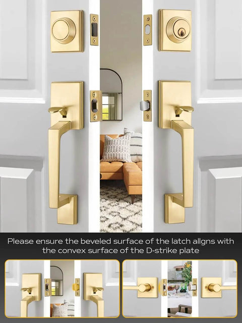 Double Front Door Handle Set With Satin Brass Exterior Lock Front Door Handle And Single Cylinder Deadbolt Heavy Duty Door Hardware