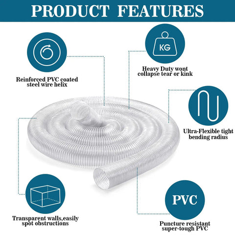3 Inch 30 Ft PVC Dust Collection Hose With Stainless Steel Clamps Set Flexible Beefy Heavy Duty Clear Vacuum Hose Puncture Resistant Fume Hose For Dust Collection System Vacuums And Cleaners Includes 8 Clamps White shown with product features.