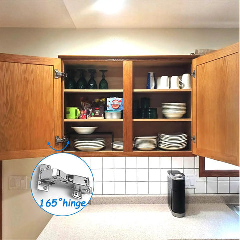 Top Shelf Soft Close Cabinet Hinges Include 165 And 135 Degree Options Smooth Glide Operation For Lazy Susan And Bifold Doors With Easy Peasy Clip On Setup For Frameless Corners in cabinet with green and white dishware.