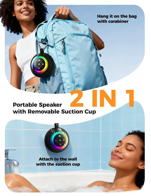 Waterproof Portable Shower Speaker Delivers 360 Degree Sound And RGB Lights IPX7 Waterproof Suction Cup Mount with backpack