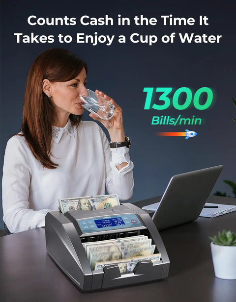 Money Counter Machine With Value Count And Counterfeit Detection For Dollar And Euro Bills on desk with woman drinking water
