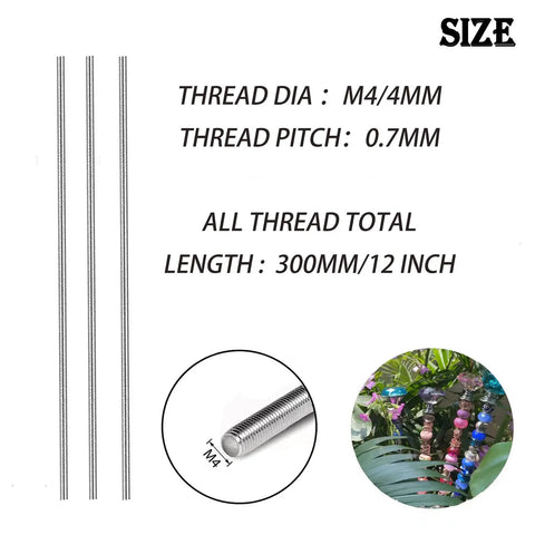 Beaded Fairy Garden Stake Rod Kit With 40Pcs 8 32 Inch M4 12 Inch Threaded Rods And 20 Pcs M4 Hex Nuts In 304 Stainless Steel