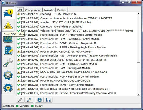 OBD2 Diagnostic Adapter With ELM327 Core, VINTScan System used on Windows, displaying vehicle diagnostic data for Ford trucks.