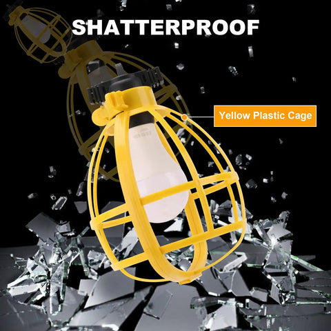Pro Grade Construction String Lights 50 Ft Outdoor Work Lights 50W with yellow plastic cage showing shatterproof feature.