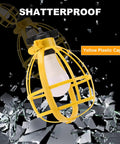 Rugged 100 Ft Construction String Lights With 11 Bulbs showcased in yellow plastic cage against shattered glass background.