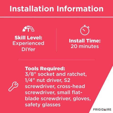 Installation guide for Ice Maker Assembly Kit 5303918493, skill level: experienced DIYer, install time: 20 minutes, tools listed