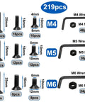 Black 219-piece metric M4 M5 M6 flat head socket cap screws and nuts set in alloy steel with hex socket drive, view of screws and wrenches