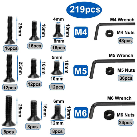 Black 219-piece metric M4 M5 M6 flat head socket cap screws and nuts set in alloy steel with hex socket drive, view of screws and wrenches