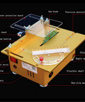 Killer Little Workbench Saw With Swappable Chucks And Alloy Blade Doubles As Wood Turning Lathe Metal Cutter Electric Polisher features transparent protection board and adjustable components.