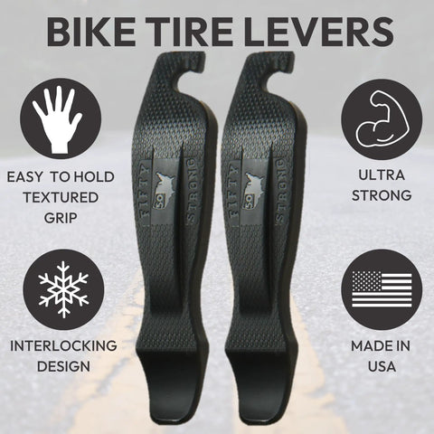 Interlocking Four-Piece Tire Lever Set For Road, MTB, Gravel And BMX Bikes, Ultra-Strong Removal Tools shown with features.
