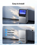 Party Ready Ice Maker For Home Bar Or Restaurant, Up To 130 Lbs Per Day With 33 Lbs Storage, 45 Cubes Per Cycle, Stainless Steel, Freestanding Or Under Counter, LED Display And Self Cleaning, Fast Ice And Low Maintenance, Busy Nights showcasing easy installation with power cord, water inlet, and drain hose.