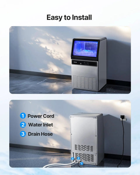Party Ready Ice Maker For Home Bar Or Restaurant, Up To 130 Lbs Per Day With 33 Lbs Storage, 45 Cubes Per Cycle, Stainless Steel, Freestanding Or Under Counter, LED Display And Self Cleaning, Fast Ice And Low Maintenance, Busy Nights showcasing easy installation with power cord, water inlet, and drain hose.