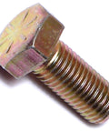 Close-up of Beefy Grade 8 Fine Thread Hex Cap Screws 5/16-24 3/4 Inch Yellow Zinc Finish for automotive and industrial projects.