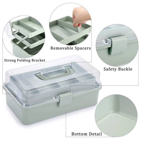 Clear 3 Layer Plastic Dividing Storage Box With Adjustable Spacers Portable Handle Craft Organizer in haze green shown open