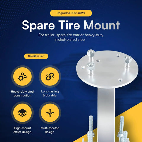Heavy Duty Spare Tire Mount For Trailers, nickel plated steel carrier with high mount bracket, features and specifications