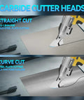 Straight and curve cut shown with cordless metal shear on sheet metal, featuring carbide cutter heads for precision.