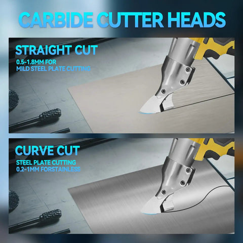 Straight and curve cut shown with cordless metal shear on sheet metal, featuring carbide cutter heads for precision.
