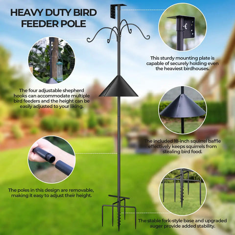 Squirrel Proof Bird Feeder Pole Kit With Ground Forks And Mount 80 Inch Bird House Pole Stand showing assembly features.