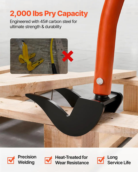 Heavy Duty Pallet Breaker With 50 Inch Carbon Steel Pry Bar Wrecking Tool For Decking 2000 Lb Capacity Multi Purpose Board Removal Tool For Renovations Fast Lift And Pry For Easy Deck Board Removal on pallet boards