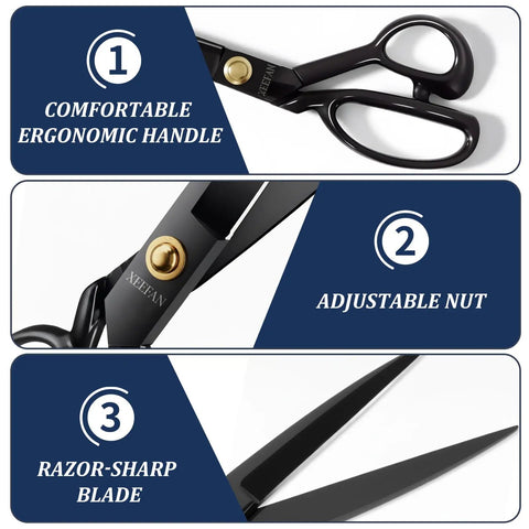 9 Inch Heavy Duty Fabric Scissors For Cutting Cloth And Materials Professional Sewing Shears With High Carbon Steel Blades Razor Sharp Tailor Scissors For DIY Projects Home Office And School Use Durable Long Lasting. Black ergonomic handle and adjustable nut shown.
