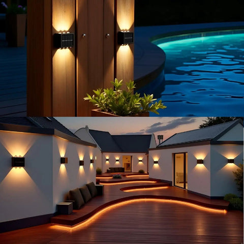 Up And Down Solar Fence Lights 2 Pack Waterproof Solar Step Lights illuminating a deck and pool area with warm white light