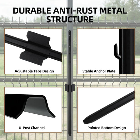 Detailed view of Heavy Duty 6Ft No Dig U Post Fence Posts For Wire Fences, showing tabs, anchor plate, U-channel, and pointed design.