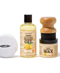 Cutting Board Oil And Wax Kit with Mineral Oil, Finishing Wax, Applicator, Buffing Pad; visible citrus design on labels.