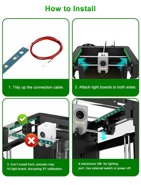 Lit 24V LED Light Kit For Adventurer 5M And 5M Pro 3D Printers with installation steps and cable, showing how to attach light boards.