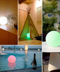 Ultra Fun Waterproof 10 Inch RGB LED Ball Light Orb in various settings: on a table, inside a tent, beside a pool, and on a patio. Remote included.