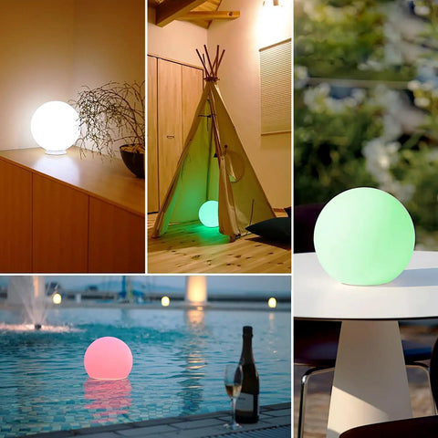 Ultra Fun Waterproof 10 Inch RGB LED Ball Light Orb in various settings: on a table, inside a tent, beside a pool, and on a patio. Remote included.