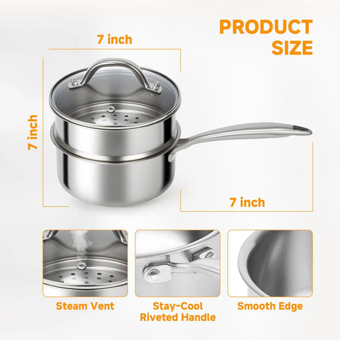 Tri Ply Stainless Steel Sauce Pan With Steamer Basket 1.5 Quart Induction Ready Nonstick Pot size dimensions with lid