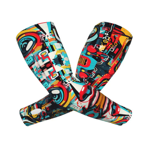 Fresh Ride Out Ice Silk Arm Sleeves Boasting Fly Mechanical Face Prints For Solid Sun Defense And Road Burn Guard Ultra Lightweight Airy Stretch Fit Daily Commuting Cycling Gear featuring vibrant mechanical prints.