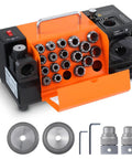 Heavy Duty Drill Bit Sharpener For Professionals And DIY Heroes, showing 18 collets and two grinding wheels for precise sharpening.