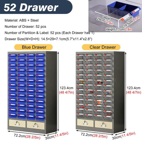 Heavy Duty 52 Drawer Parts Cabinet With Tough As Nails Steel Construction And Secure Door Lock For Screw Bolts Nails And Hobby Craft Supplies Workshop Organization Slick Setup showing blue and clear drawers.