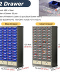 Heavy Duty Tough As Nails Blue Parts Cabinet With Up To One Hundred Drawers For Screws Bolts Nails Small Items And Crafts Top Shelf Workshop Organization No Sweat Storage Setup showcasing blue and clear drawers, steel construction.