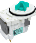 Drain Pump Replacement For Dishwashers A00044305 Compatible White plastic drain pump with green rotor and metal coils.
