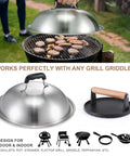 7 Inch Cast Iron Smash Burger Press Kit With 12.5 Inch Heavy Duty Griddle Dome And Patty Papers For Hamburger Bacon And Steak On Flat Top Griddles, Perfect For Home Backyard BBQs And Restaurant Quality Smash Burgers, shown in grilling setup