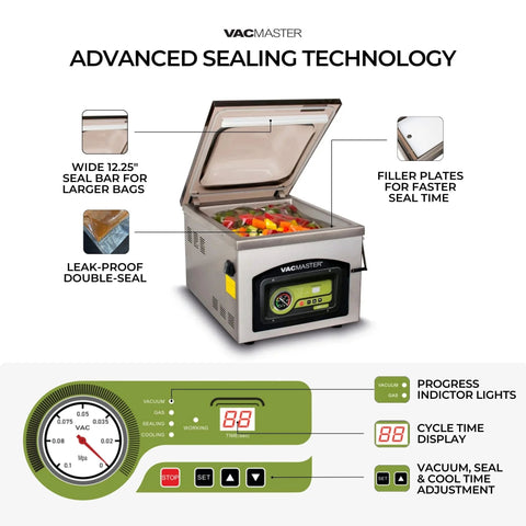 VacMaster VP230 chamber vacuum sealer, stainless steel kitchen appliance with front control panel (Amazon).