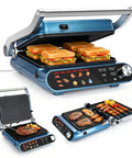 Taylor Swoden 7-In-1 Panini Press Sandwich Maker Electric Indoor Grill Waffle Iron showing grilled sandwiches and meats.