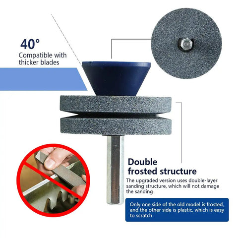 Double Layer Corundum Lawn Mower Blade Sharpener for Any Drill showing dual grindstone design and drill attachment