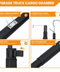 Diagram of Magnetic Cargo Grabber Reach Tool 6.9 Ft Extendable Truck Bed Retriever with metal plate, hooks, lock, and rubber grip.