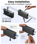 Clamp On USB Hub With External Power Sleek Aluminum 4 Port USB 3.0 Adapter installation on desk edge, black color