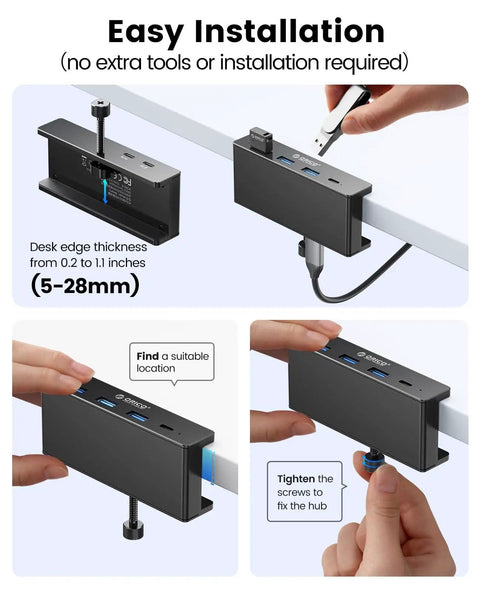 Clamp On USB Hub With External Power Sleek Aluminum 4 Port USB 3.0 Adapter installation on desk edge, black color