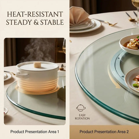 Tempered Glass Round Turntable With Six Wheels Large Lazy Susan Style Serving Tray displaying hot pot and dishes on a table.
