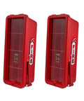 Four Pack Red Surface Mount Fire Extinguisher Cabinet With Hammer Attachment For 20 Lb Units, showcasing durable design and size.
