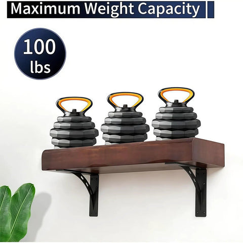 Heavy Duty Carbon Steel Triangle Shelf Bracket supporting wood shelf with weights, 100lbs max capacity, rustproof wall mount