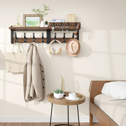 29 Inch Wall Mounted Coat Rack with Swanky Shelf and Heavy Duty Hooks for Entryway Organization, displaying coats and accessories.