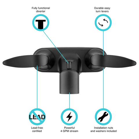 Front view of matte black RV tub and shower faucet diverter valve with winged levers and seamless temperature control labels.
