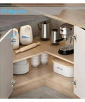 Open cabinet showing Two Pack 165 Degree Corner Cabinet Hinges Wide Angle Self Closing Steel Hardware with kitchen utensils inside.
