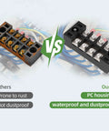 Comparison of heavy duty 15A screw terminal block with 12 position dual row covered design pre insulated barrier strips